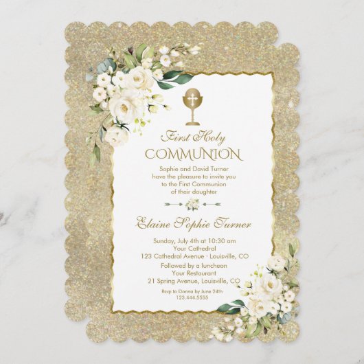 Invitation Elégante Parties scintillant or blanc Floral premi (Devant / Derrière)