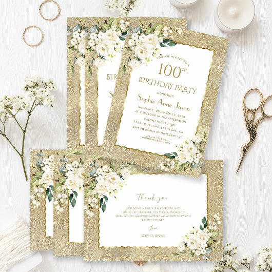Invitation Elégante Parties scintillant or Fleurs blanches 10