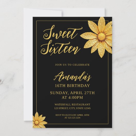 Invitation Elégante Parties scintillant or Flower Sweet 16 An (Devant)