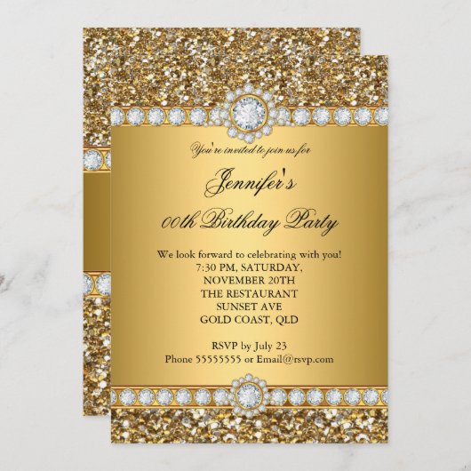 Invitation Elégante Parties scintillant Or Look Diamond Trim  (Devant / Derrière)