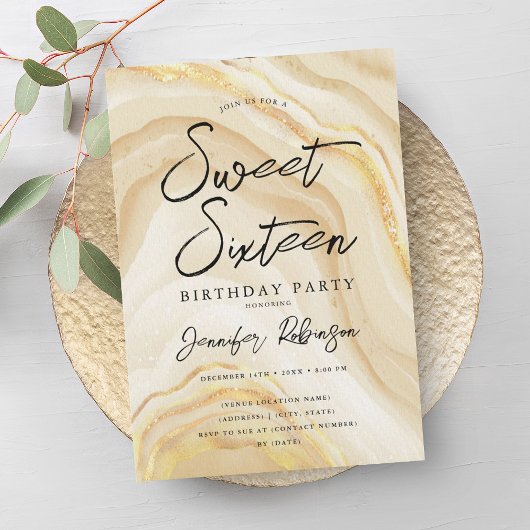 Invitation Elégante Parties scintillant Or Marbre Sweet 16 An