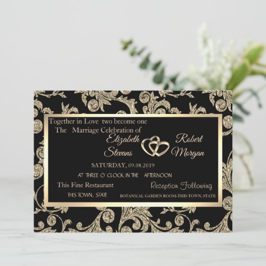 Invitation Elégante Parties scintillant Or, Mariage de cadre (Debout devant)