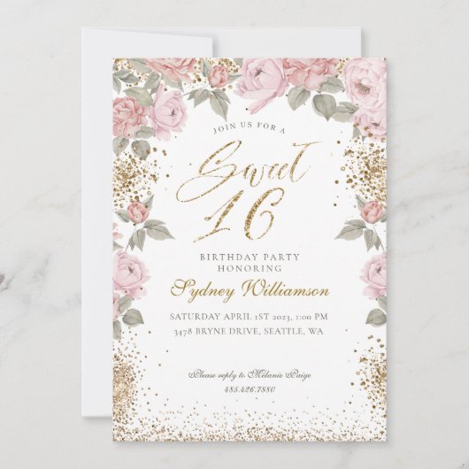 Invitation Elégante Parties scintillant or Peony Florals Swee (Devant)