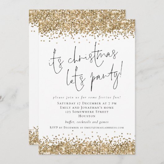 Invitation Elégante Parties scintillant Or Son Noël Lets Part (Devant / Derrière)