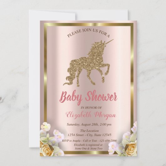 Invitation Elégante Parties scintillant Or Unicorn Baby showe (Devant)