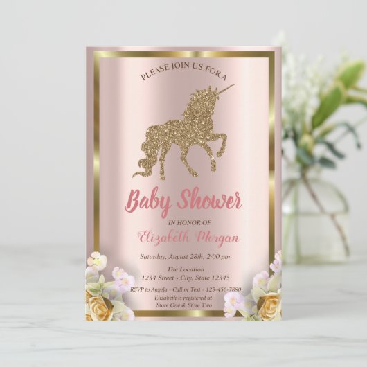 Invitation Elégante Parties scintillant Or Unicorn Baby showe (Debout devant)