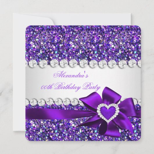 Invitation Elégante Parties scintillant Purple Heart Bow Anni (Devant)