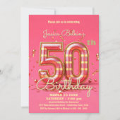 Invitation Elégante Parties scintillant rayée rose & or 50e a (Devant)