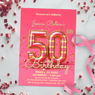 Invitation Elégante Parties scintillant rayée rose & or 50e a