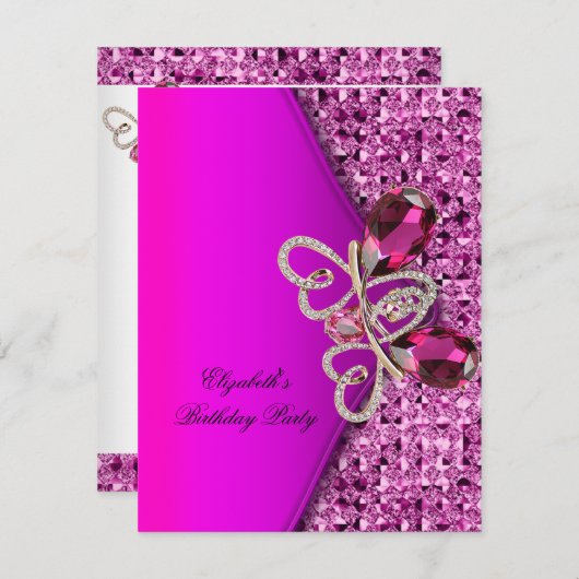 Invitation Élégante Parties scintillant rose chaud bijou fête (Devant / Derrière)
