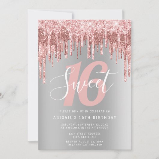 Invitation Élégante parties scintillant rose en or goutte swe (Devant)