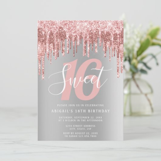 Invitation Élégante parties scintillant rose en or goutte swe (Debout devant)