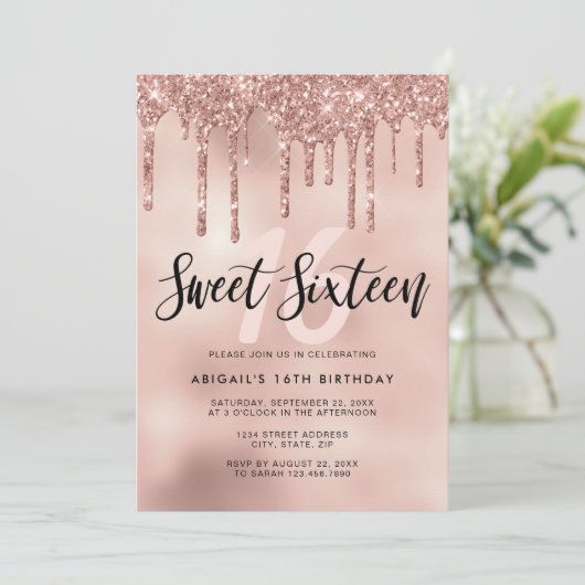 Invitation Élégante parties scintillant rose en or goutte swe (Debout devant)