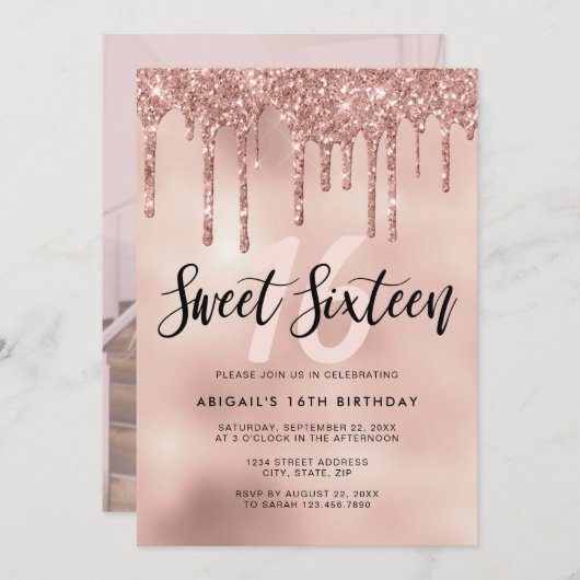 Invitation Élégante parties scintillant rose en or goutte swe (Devant / Derrière)