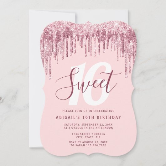 Invitation Élégante parties scintillant rose en or goutte swe (Devant)