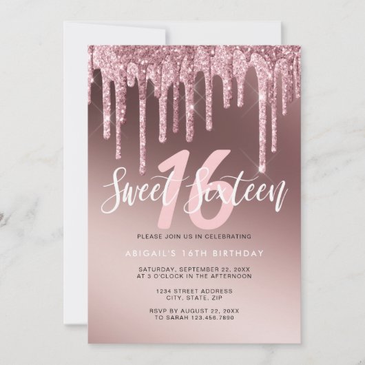 Invitation Élégante parties scintillant rose en or goutte swe (Devant)