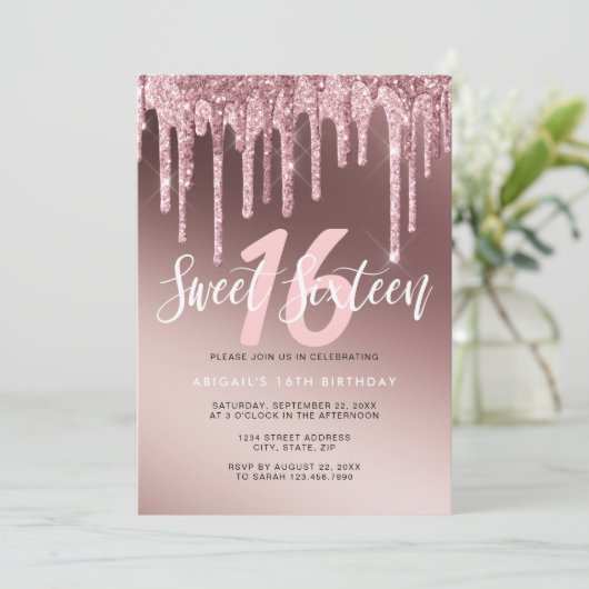 Invitation Élégante parties scintillant rose en or goutte swe (Debout devant)