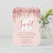 Invitation Élégante parties scintillant rose en or goutte swe (Debout devant)