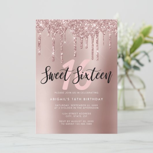 Invitation Élégante parties scintillant rose en or goutte swe (Debout devant)