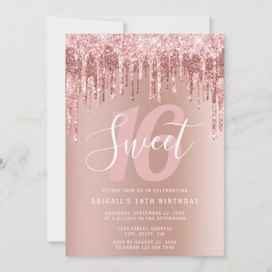 Invitation Élégante parties scintillant rose en or goutte swe (Devant)