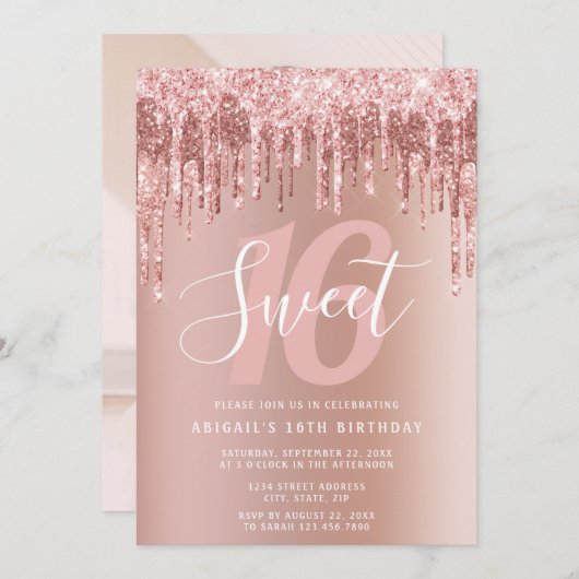 Invitation Élégante parties scintillant rose en or goutte swe (Devant / Derrière)