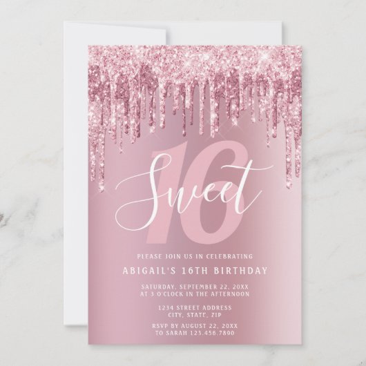 Invitation Élégante parties scintillant rose en or goutte swe (Devant)