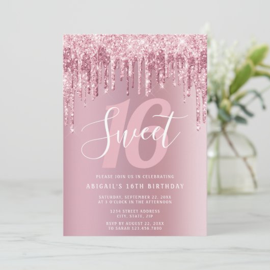 Invitation Élégante parties scintillant rose en or goutte swe (Debout devant)