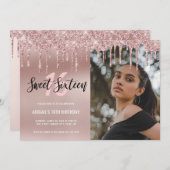 Invitation Élégante parties scintillant rose en or goutte swe (Devant / Derrière)