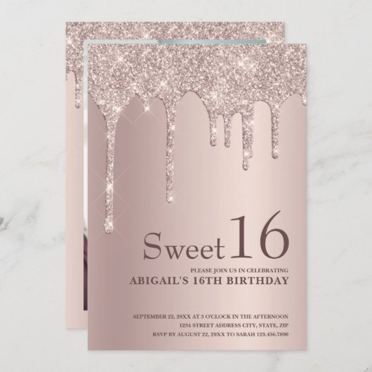 Invitation Élégante parties scintillant rose en or goutte swe (Devant / Derrière)