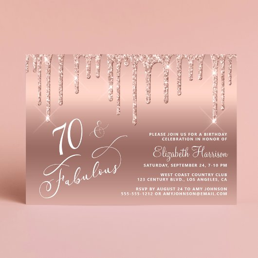 Invitation Elégante Parties scintillant Rose Gold 70e fête d'