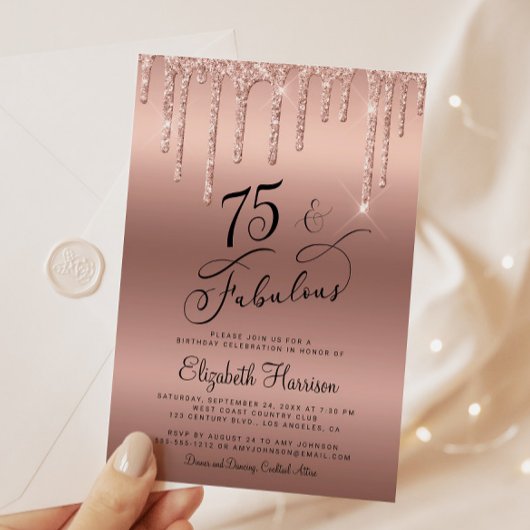 Invitation Elégante Parties scintillant Rose Gold 75e fête d'