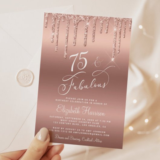 Invitation Elégante Parties scintillant Rose Gold 75e fête d'