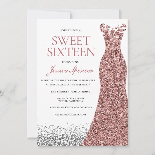 Invitation Élégante Parties scintillant Rose Gold Robe Sweet (Devant)