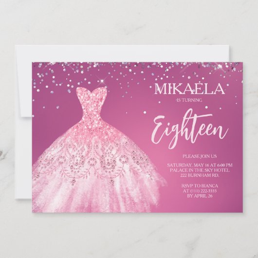 Invitation Elégante Parties scintillant rose Gown 18e anniver (Devant)