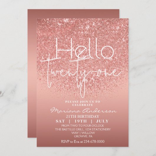 Invitation Elégante Parties scintillant Rose or 21e anniversa (Devant / Derrière)