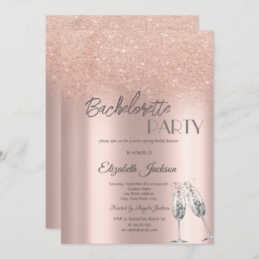 Invitation Élégante Parties scintillant Rose or Bokeh Bachelo (Devant / Derrière)