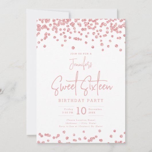 Invitation Élégante Parties scintillant Rose or Confetti Swee (Devant)