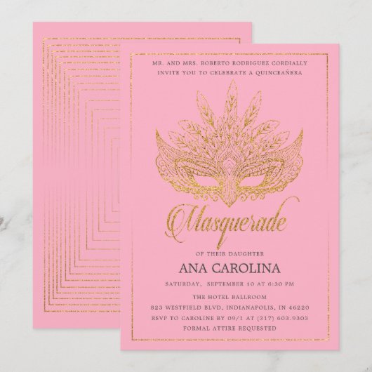 Invitation Elégante Parties scintillant rose or Masquerade Qu (Devant / Derrière)