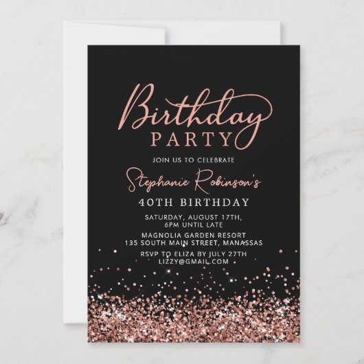Invitation Elégante Parties scintillant Rose or Noir 40e anni (Devant)