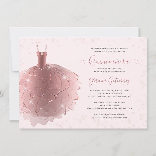 Invitation Elégante Parties scintillant Rose or Quinceañera R (Devant)