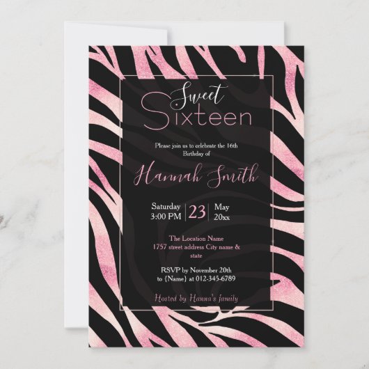 Invitation Elégante Parties scintillant Rose or Zebra Black P (Devant)