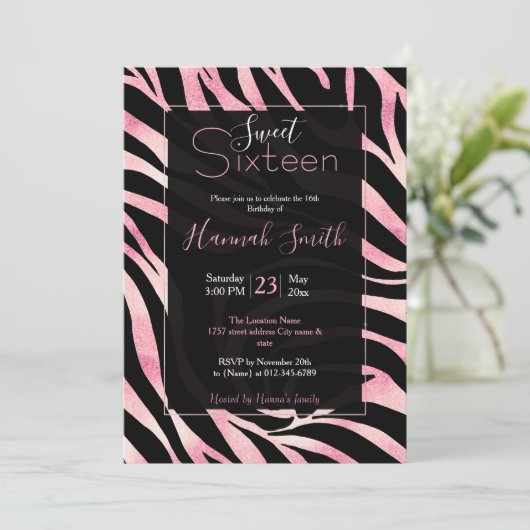 Invitation Elégante Parties scintillant Rose or Zebra Black P (Debout devant)