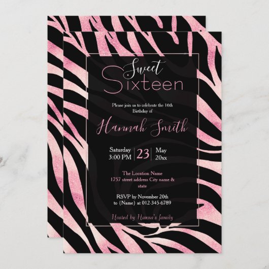 Invitation Elégante Parties scintillant Rose or Zebra Black P (Devant / Derrière)