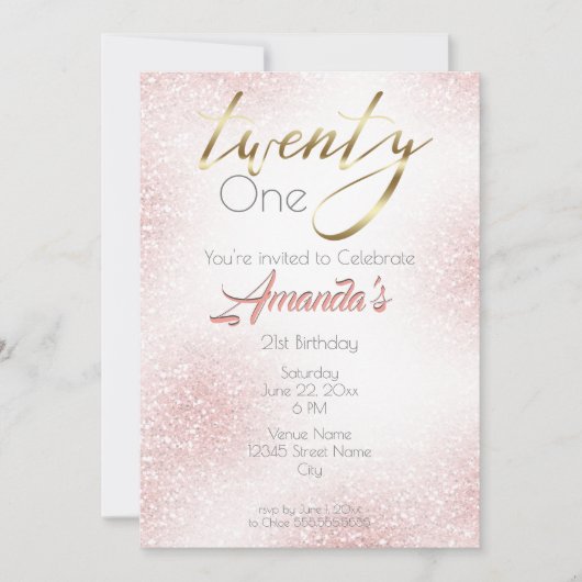 Invitation Élégante Parties scintillant Rose rose et or 21e (Devant)