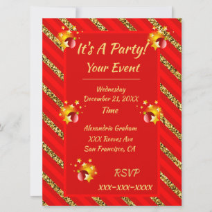 Invitation Élégante Parties scintillant Rouge & Or rayures No