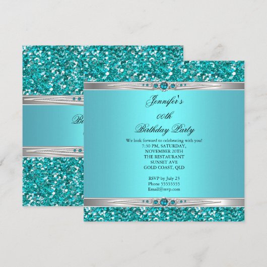 Invitation Elégante Parties scintillant Turquoise Argent Diam (Devant / Derrière)