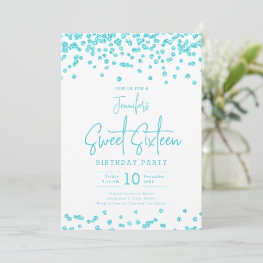 Invitation Elégante Parties scintillant Turquoise Confetti Sw (Debout devant)