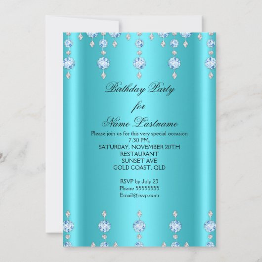 Invitation Elégante Parties scintillant Turquoise Diamant Ble (Dos)
