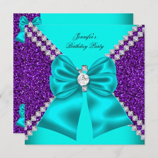 Invitation Elégante Parties scintillant Turquoise Diamants po (Devant / Derrière)
