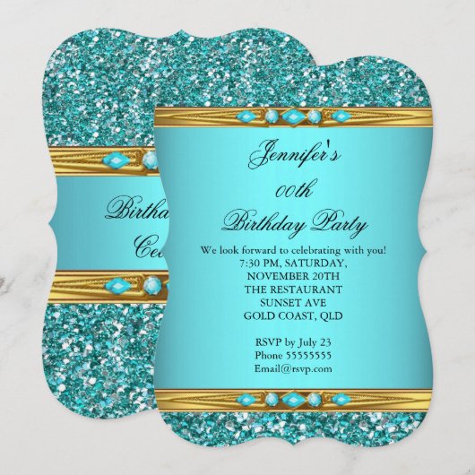 Invitation Elégante Parties scintillant Turquoise Gold Diamon (Devant / Derrière)